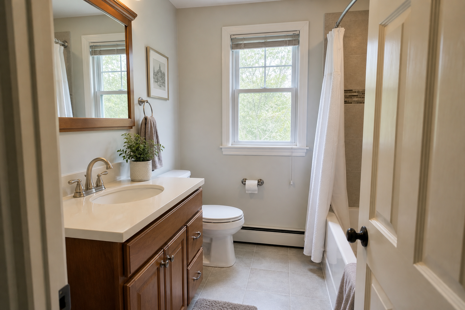 A Huntington bathroom showing baseboards, floor edges, fixtures, and other deep-cleaning detail areas