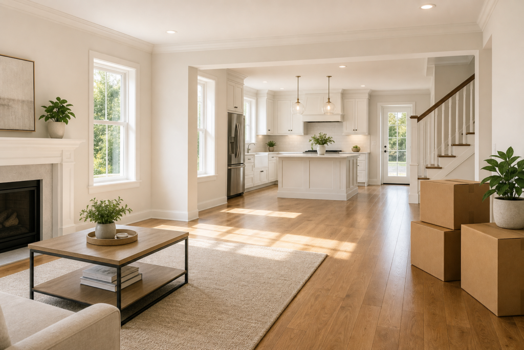 Bright, freshly cleaned Manhasset home interior with moving boxes ready for move-in