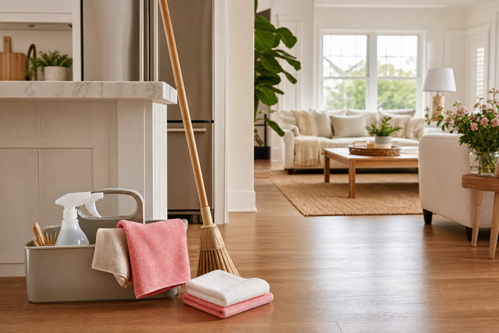 Cleaning supplies arranged in a bright Long Island home for a mid-summer refresh