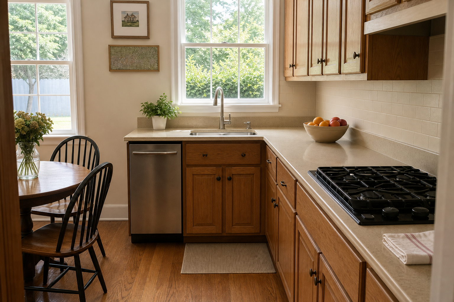 A tidy Garden City kitchen with clear counters, an empty sink, and natural summer light