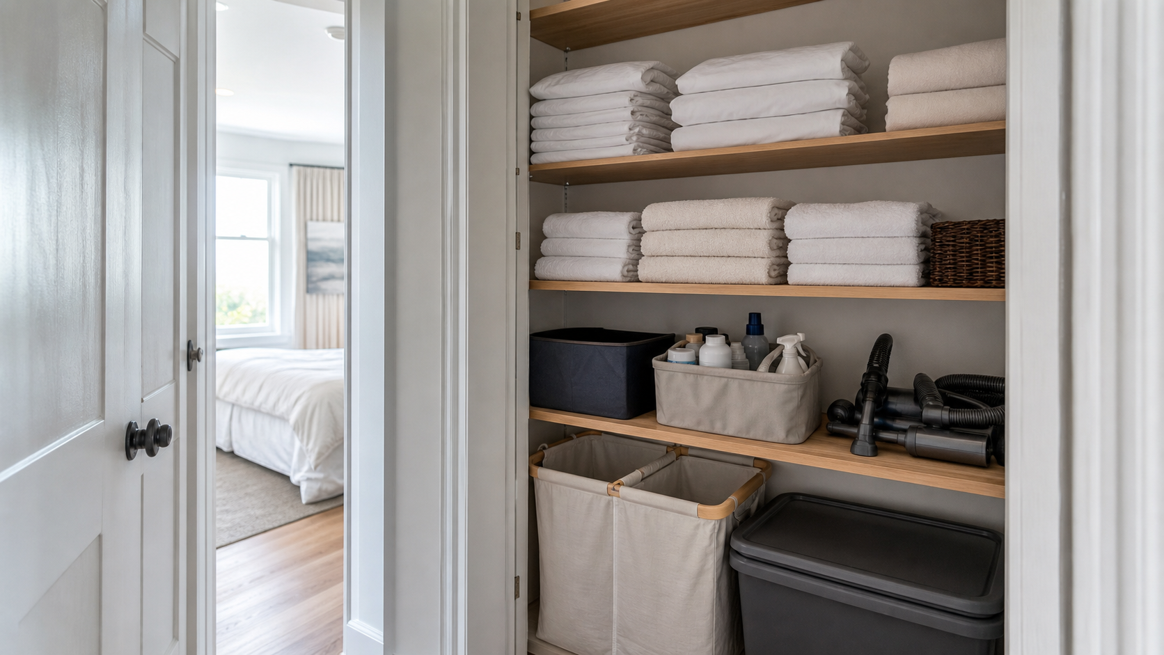 Organized owner closet with folded linens and turnover supplies for a Montauk vacation rental