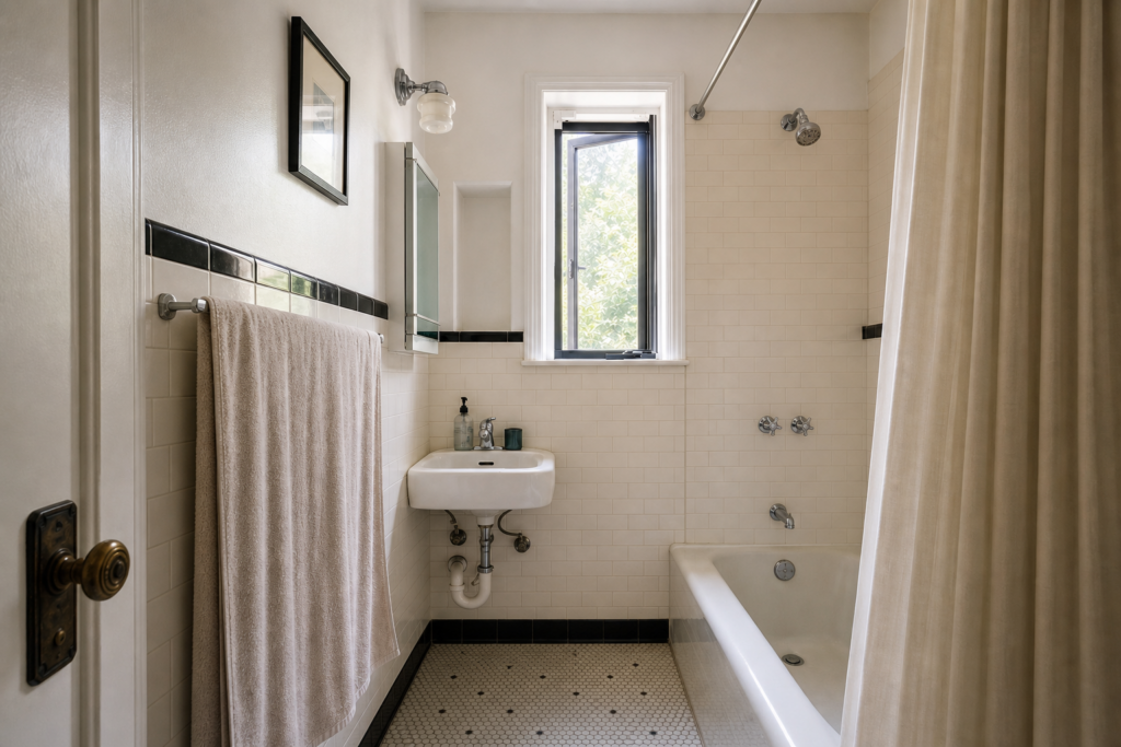 Generic Park Slope bathroom arranged for airflow and low-clutter upkeep