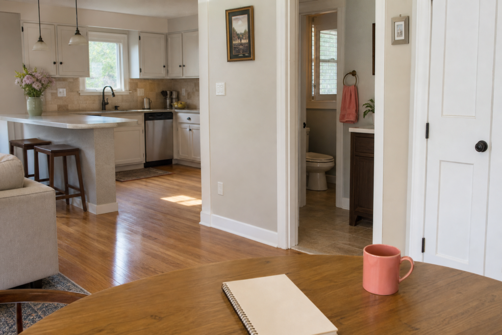 Kitchen and bathroom areas in a Long Island home arranged for a prioritized deep cleaning plan