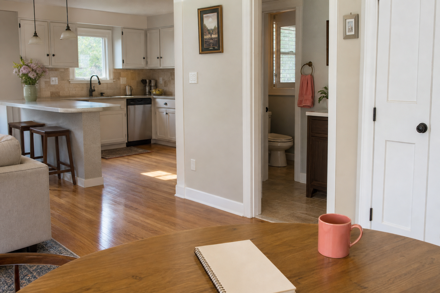 Kitchen and bathroom areas in a Long Island home arranged for a prioritized deep cleaning plan