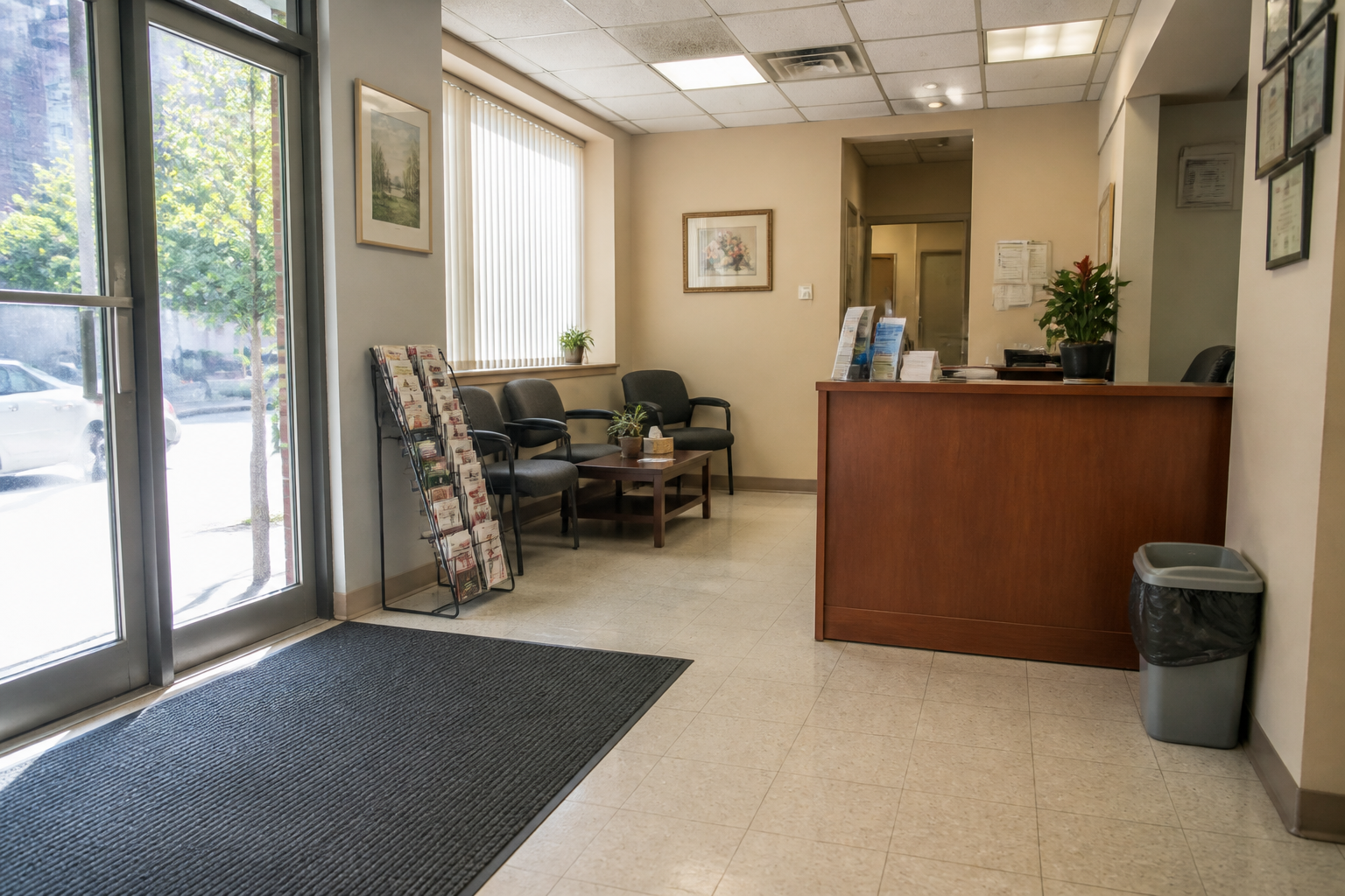 A modest Flushing business reception area showing the visitor path from entry glass to the front desk and waiting seats