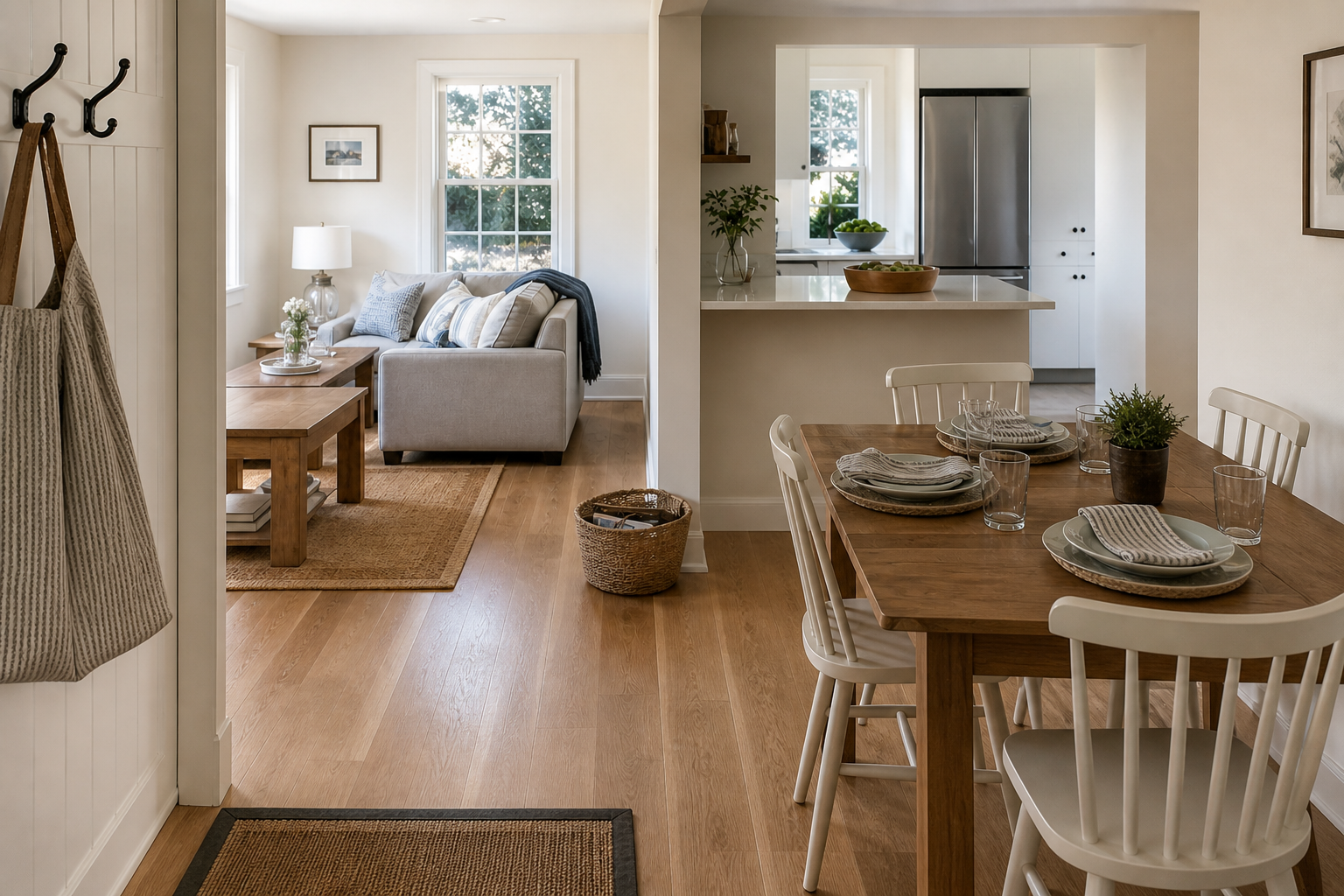 Generic East Hampton living and dining areas prepared for hosting