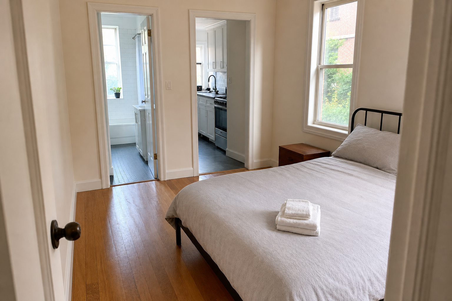 Generic Cobble Hill bedroom prepared for the first night before move-in, with clear wood floors and views into a bathroom and kitchen