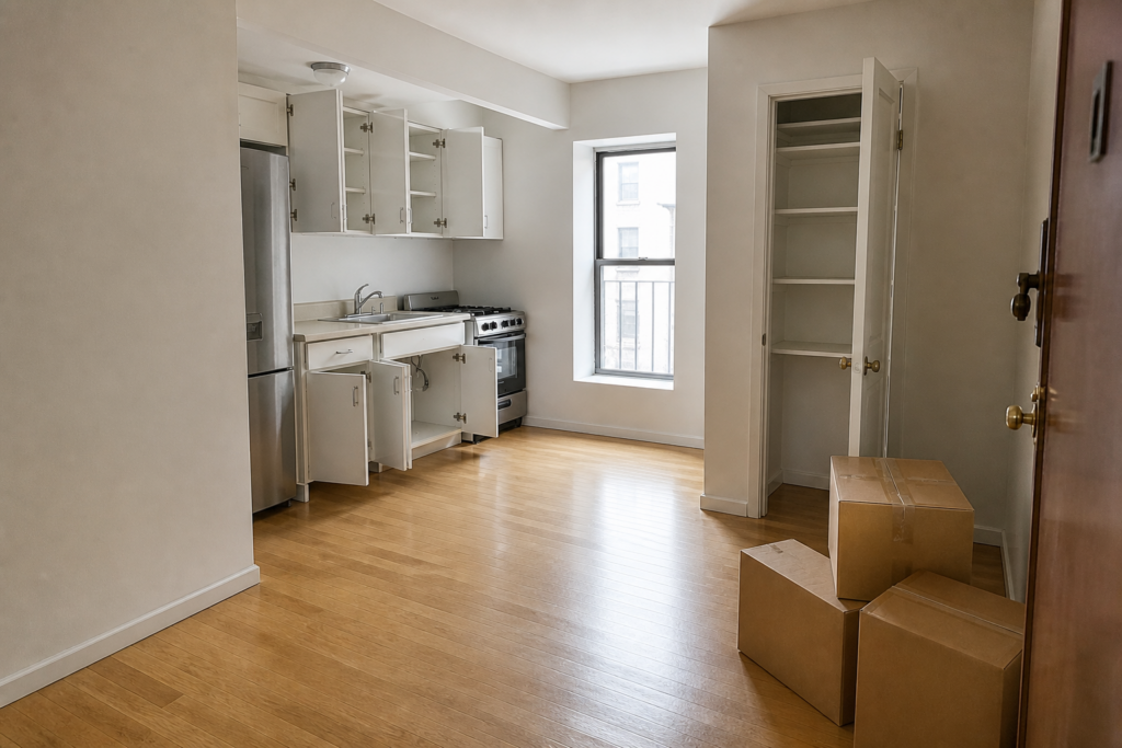 Generic Upper East Side apartment with empty cabinets and closets accessible before unpacking