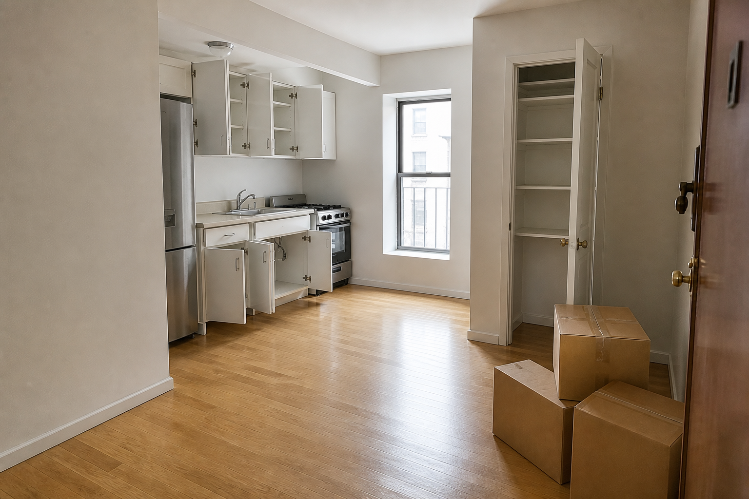 Generic Upper East Side apartment with empty cabinets and closets accessible before unpacking