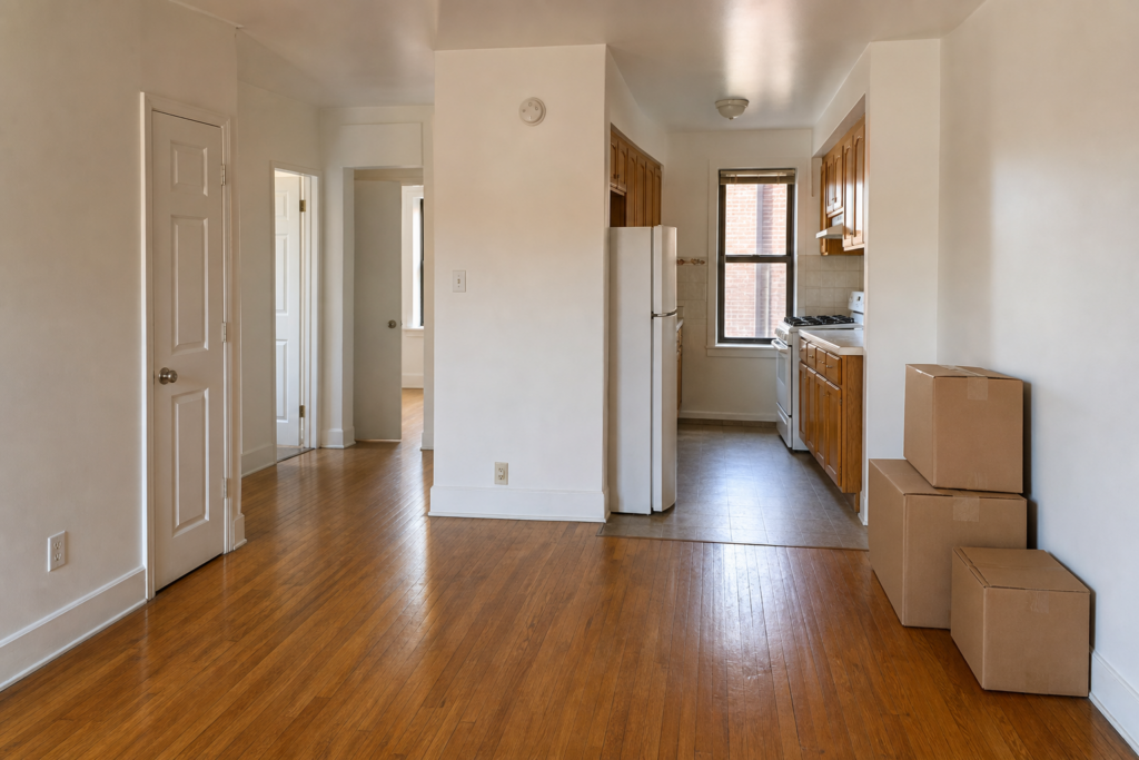 Mostly empty Astoria apartment with moving boxes ready for a move-out cleaning plan