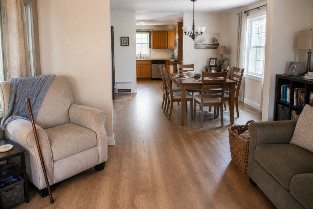 Generic Floral Park shared living and dining area with a clear walking path and household storage