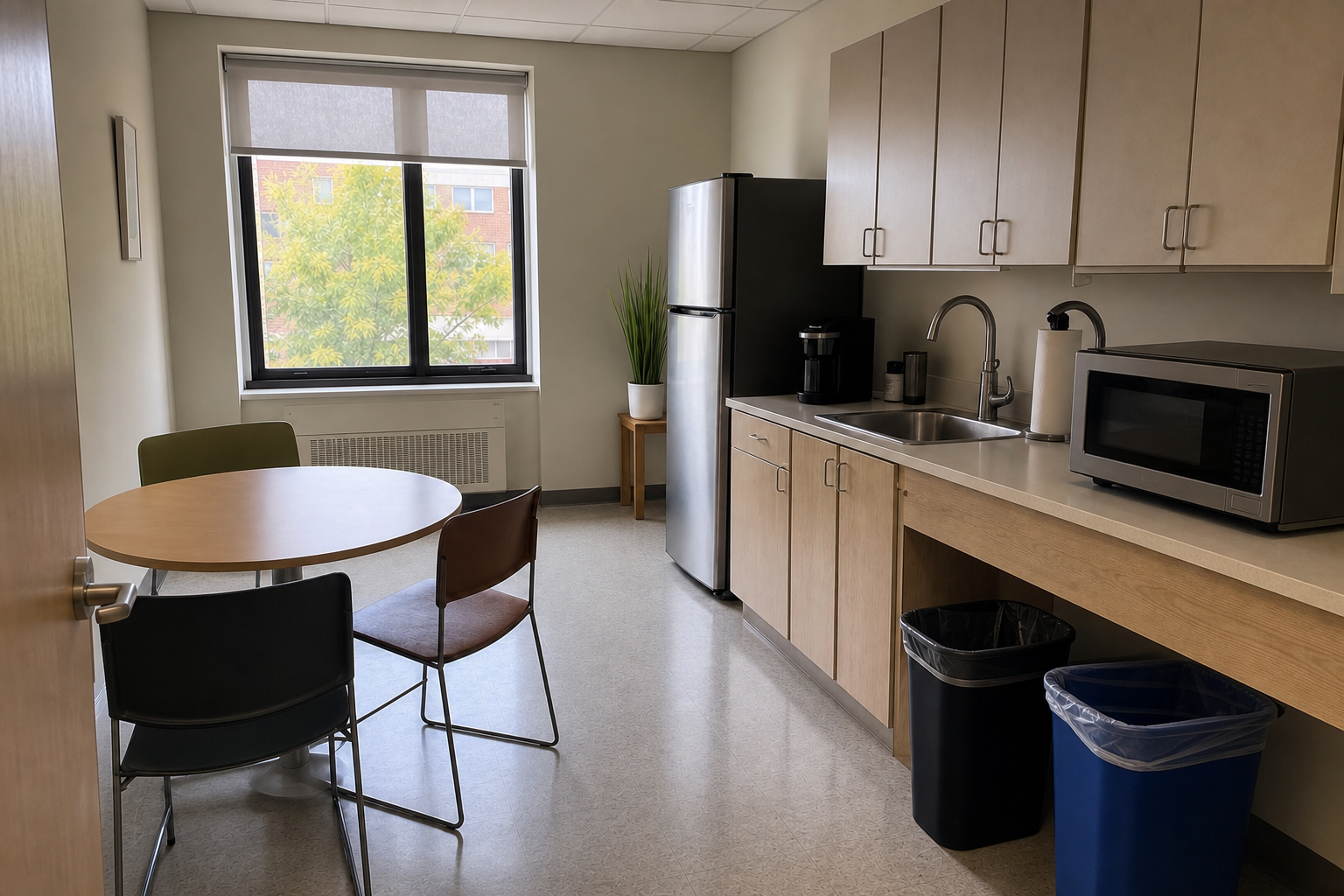 Landscape view of a generic Bayside office break room arranged for a practical cleaning plan