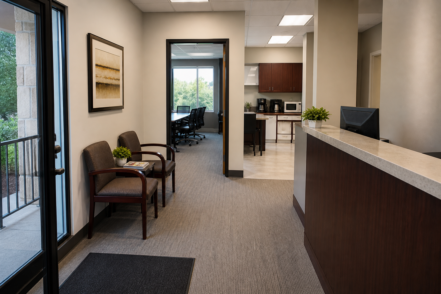 Generic Mineola office reception and shared work areas arranged for low-disruption cleaning