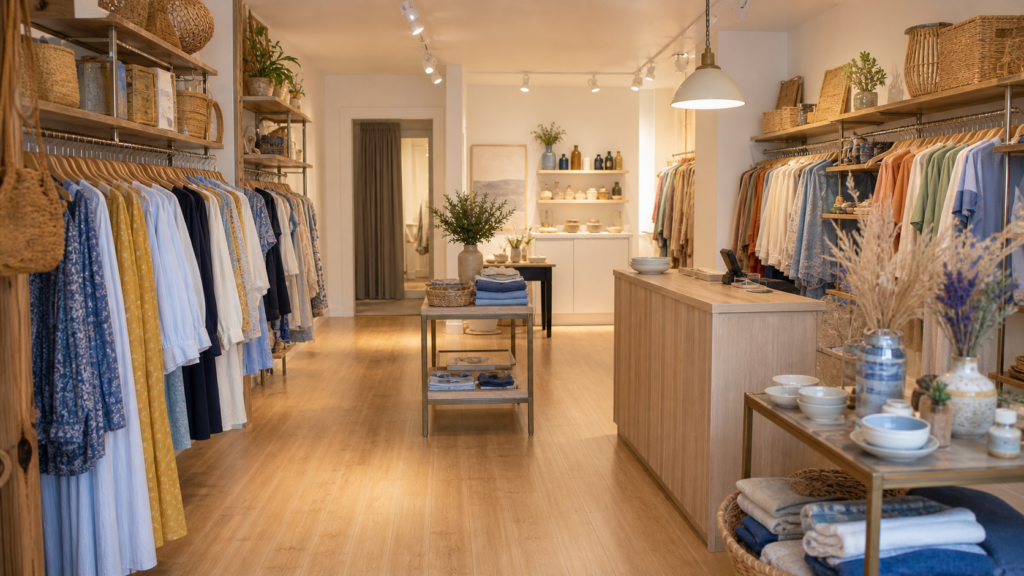 Generic Lynbrook boutique with clear customer aisles, tidy checkout, and organized displays