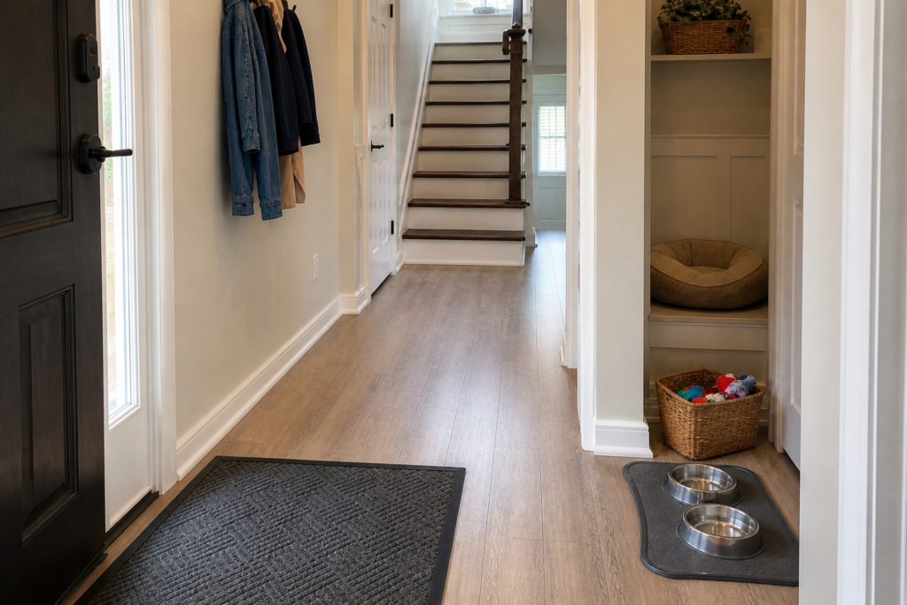 Generic Massapequa mudroom and staircase arranged around high-use pet areas