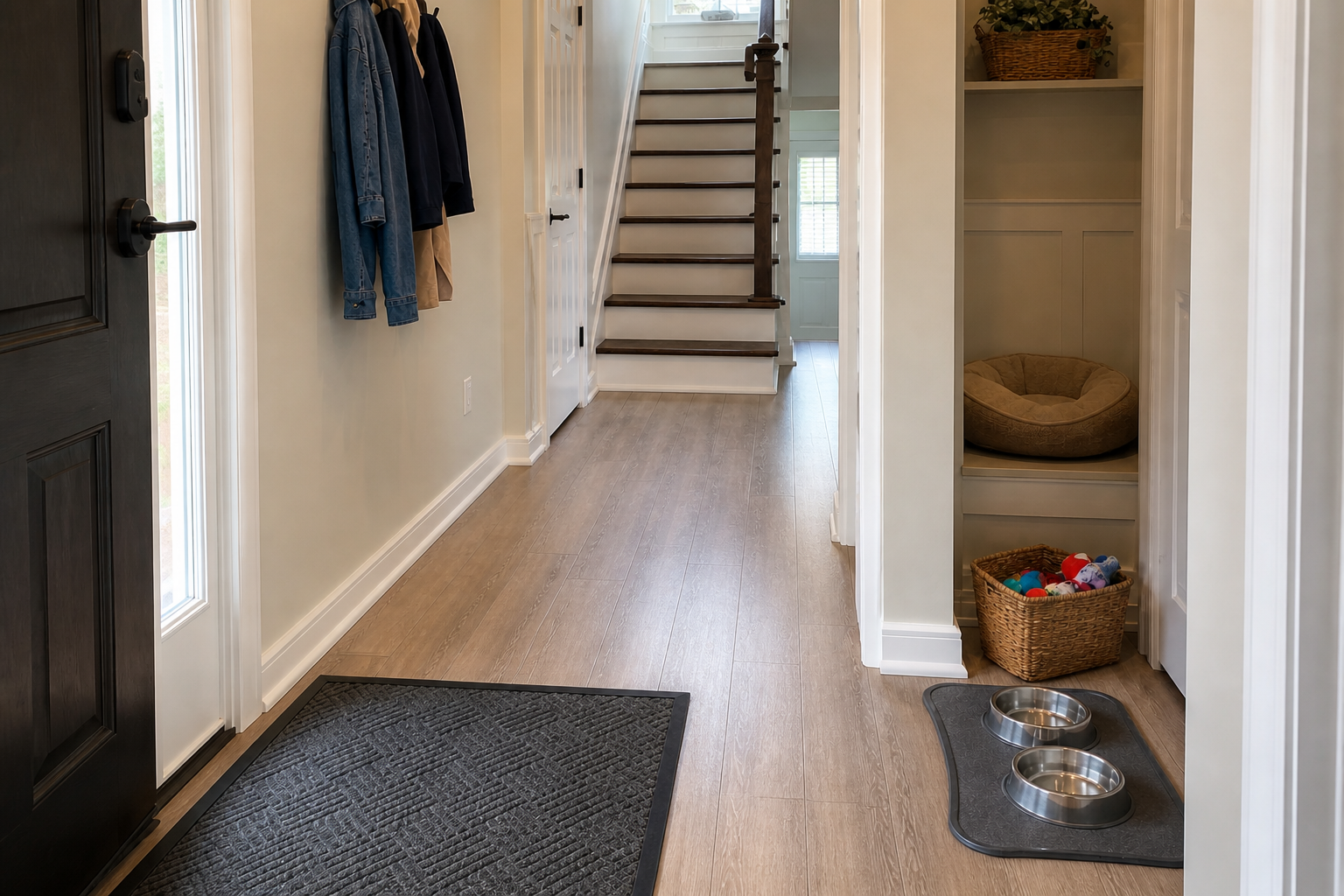 Generic Massapequa mudroom and staircase arranged around high-use pet areas