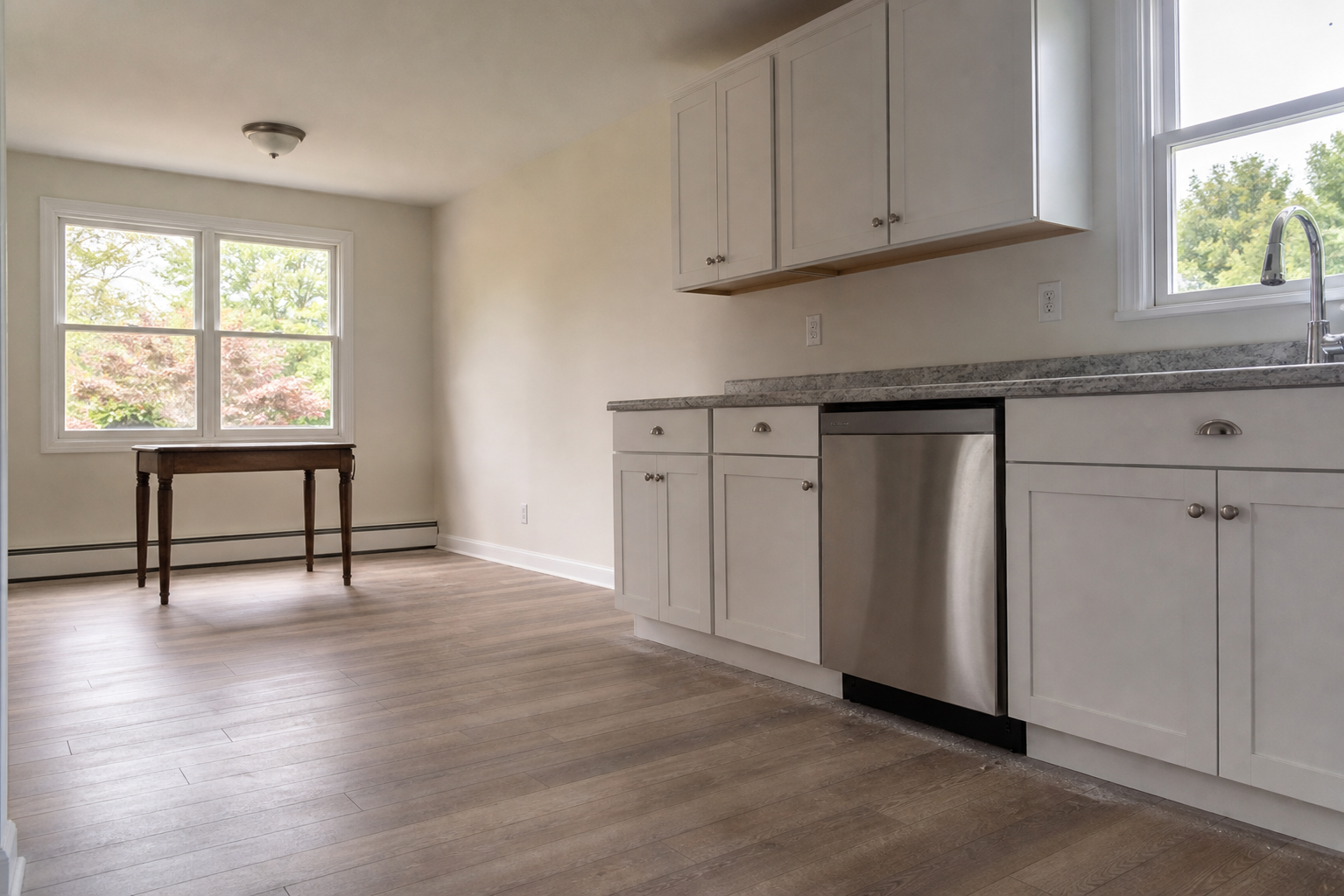 Generic completed Babylon kitchen renovation with fine dust awaiting post-construction cleaning