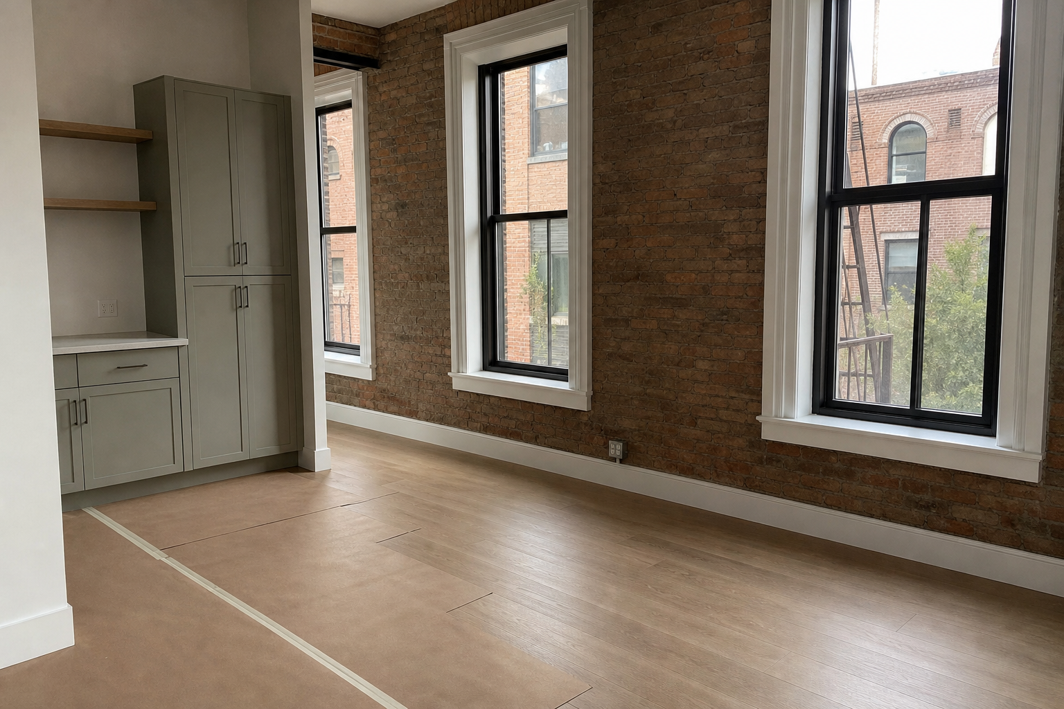 Renovated DUMBO loft interior with exposed brick, new cabinetry, and partial floor protection before detailed cleaning