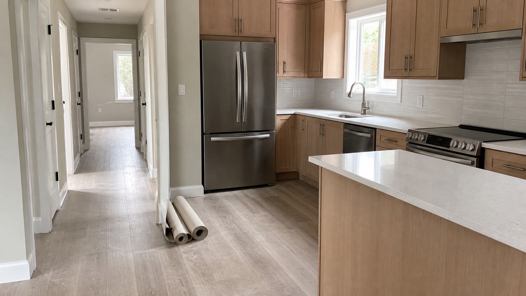 Completed renovated kitchen awaiting final post-construction cleaning before move-back-in in Dix Hills