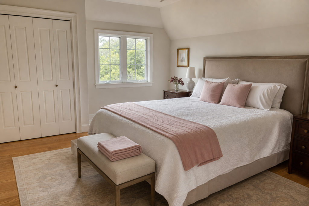 Neatly prepared bedroom with folded linens before an extended absence in Sands Point