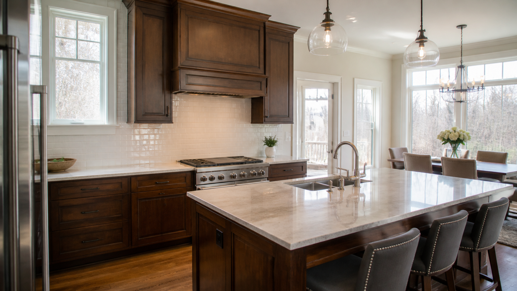 Natural stone counters, custom wood cabinetry, metal fixtures, and specialty glass in an Oyster Bay home interior