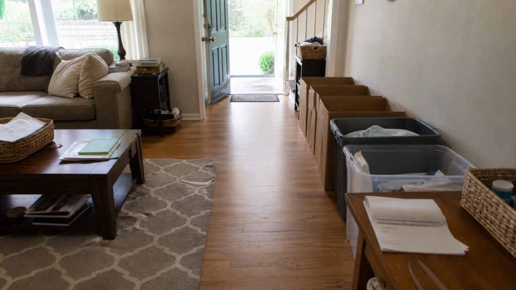 Clear entry path with sorting boxes and bins in a generic Freeport home interior