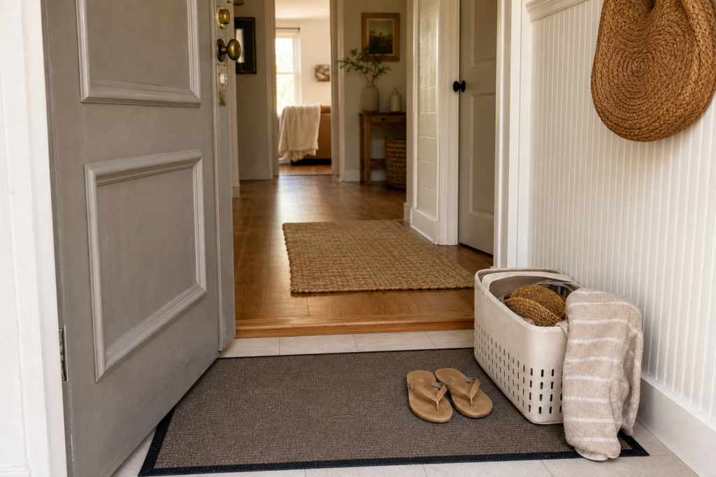 Generic Long Beach entryway with a mat and organized beach gear to contain sand