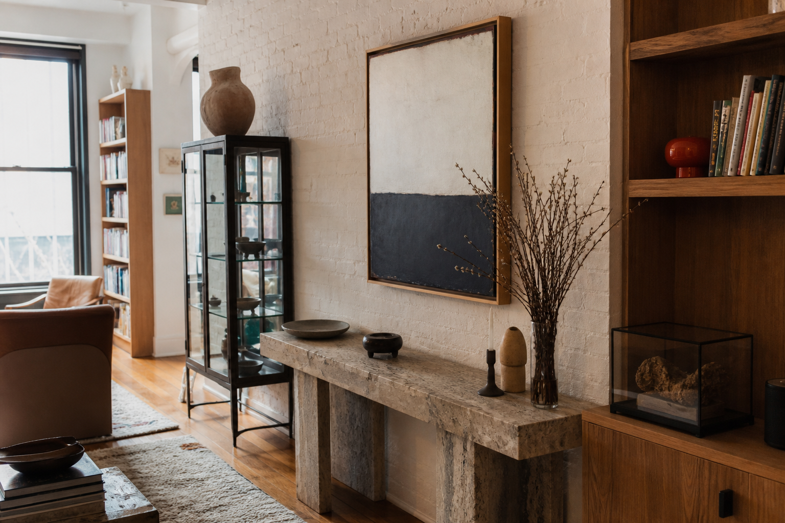 Tribeca apartment interior with framed art, natural stone, wood shelving, and delicate decorative objects