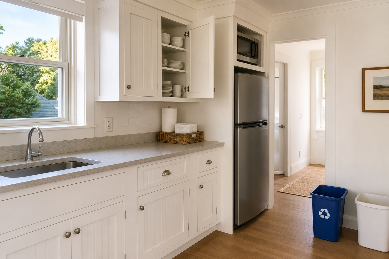 Organized vacation rental kitchen in Amagansett with clear counters, stored dishes, and separate waste bins