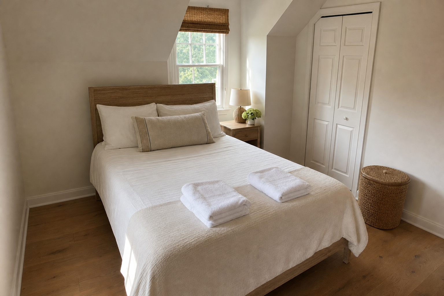Generic Southampton vacation rental guest room with fresh linens for an organized turnover