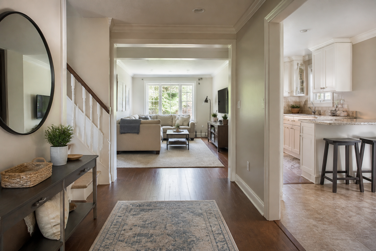 Connected entry, family room, and kitchen zones in a generic larger home