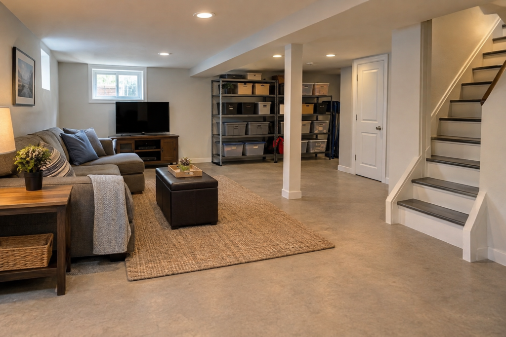 Organized finished basement with clear stairs and storage shelves