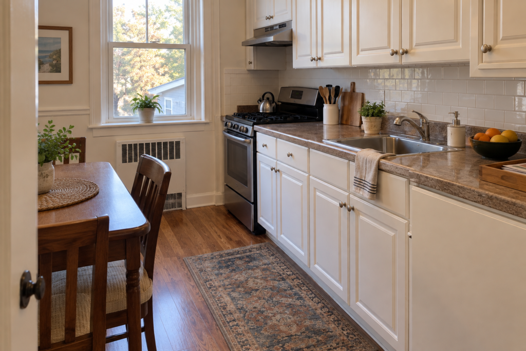 Generic landscape view of an ordinary kitchen with a dining table, cooled stovetop, sink, clear counter, and floor path
