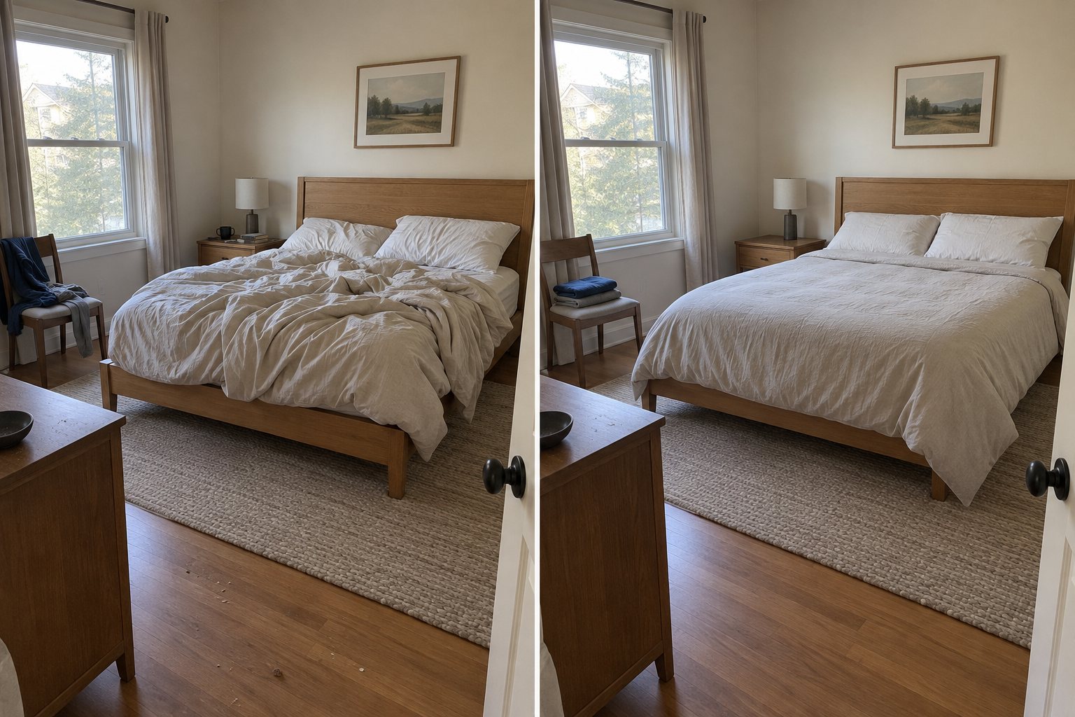 Bedroom after cleaning — simulated scene