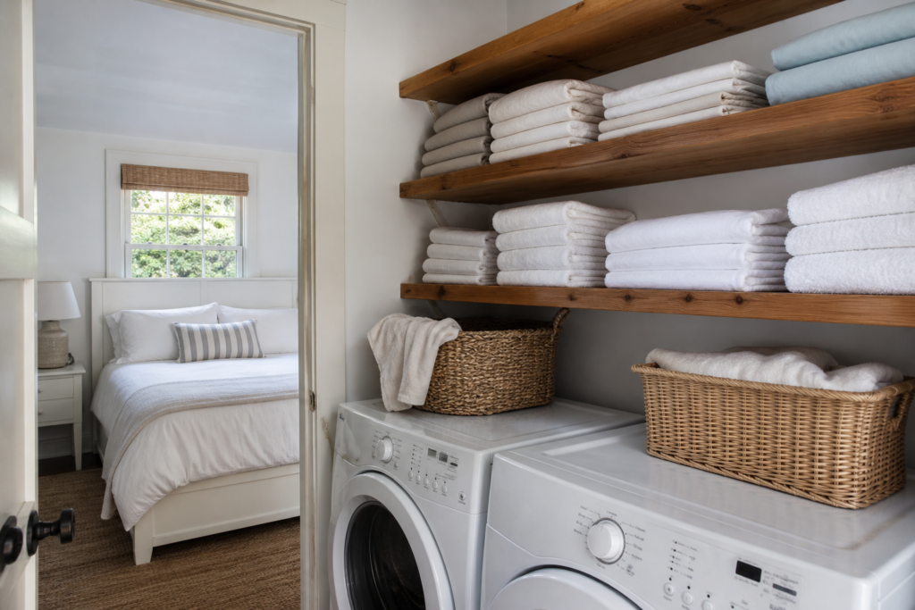 Bridgehampton vacation rental laundry area with organized linens and a prepared guest bedroom