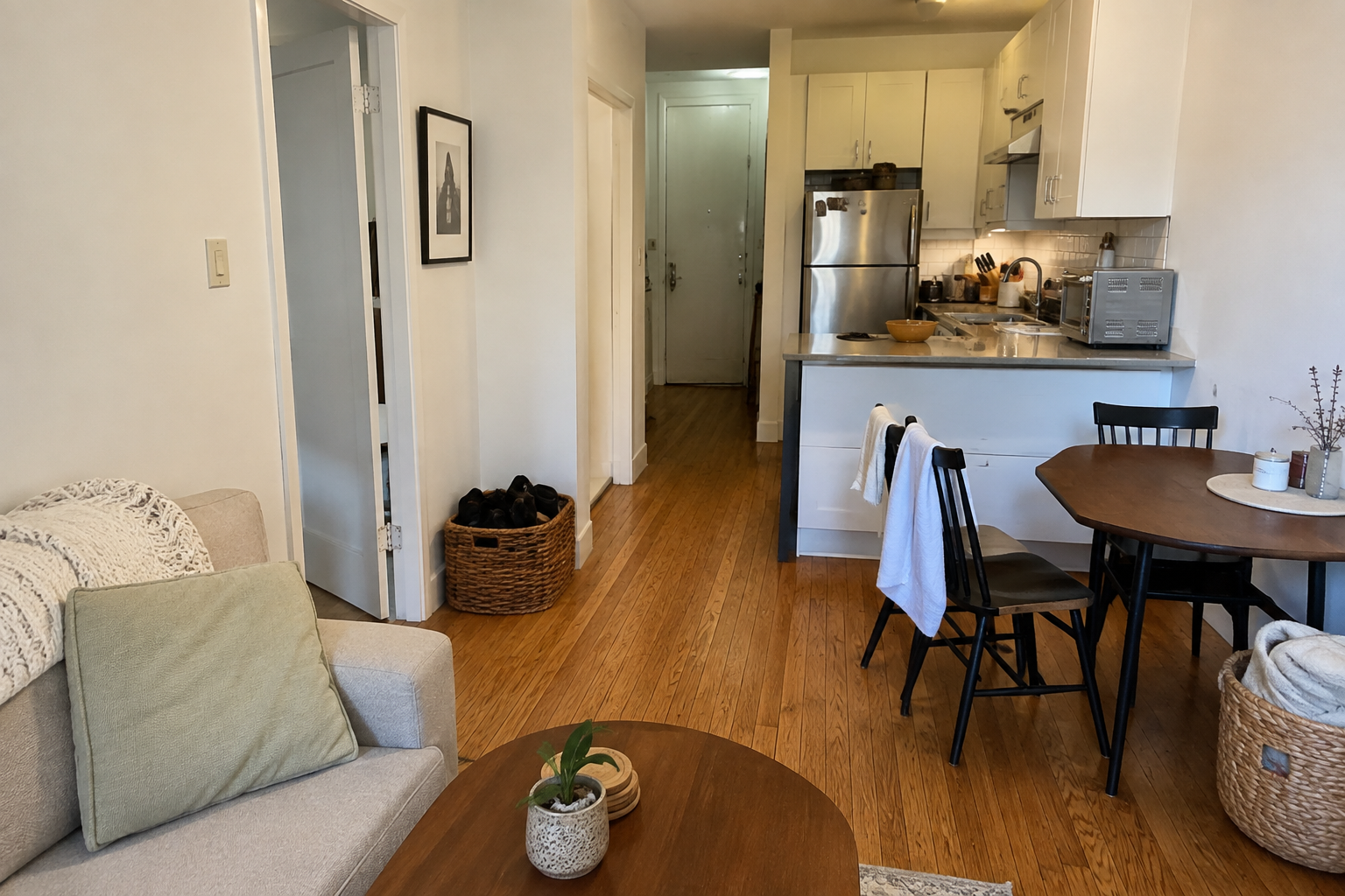 Shared Chelsea apartment common area prepared for a routine cleaning visit