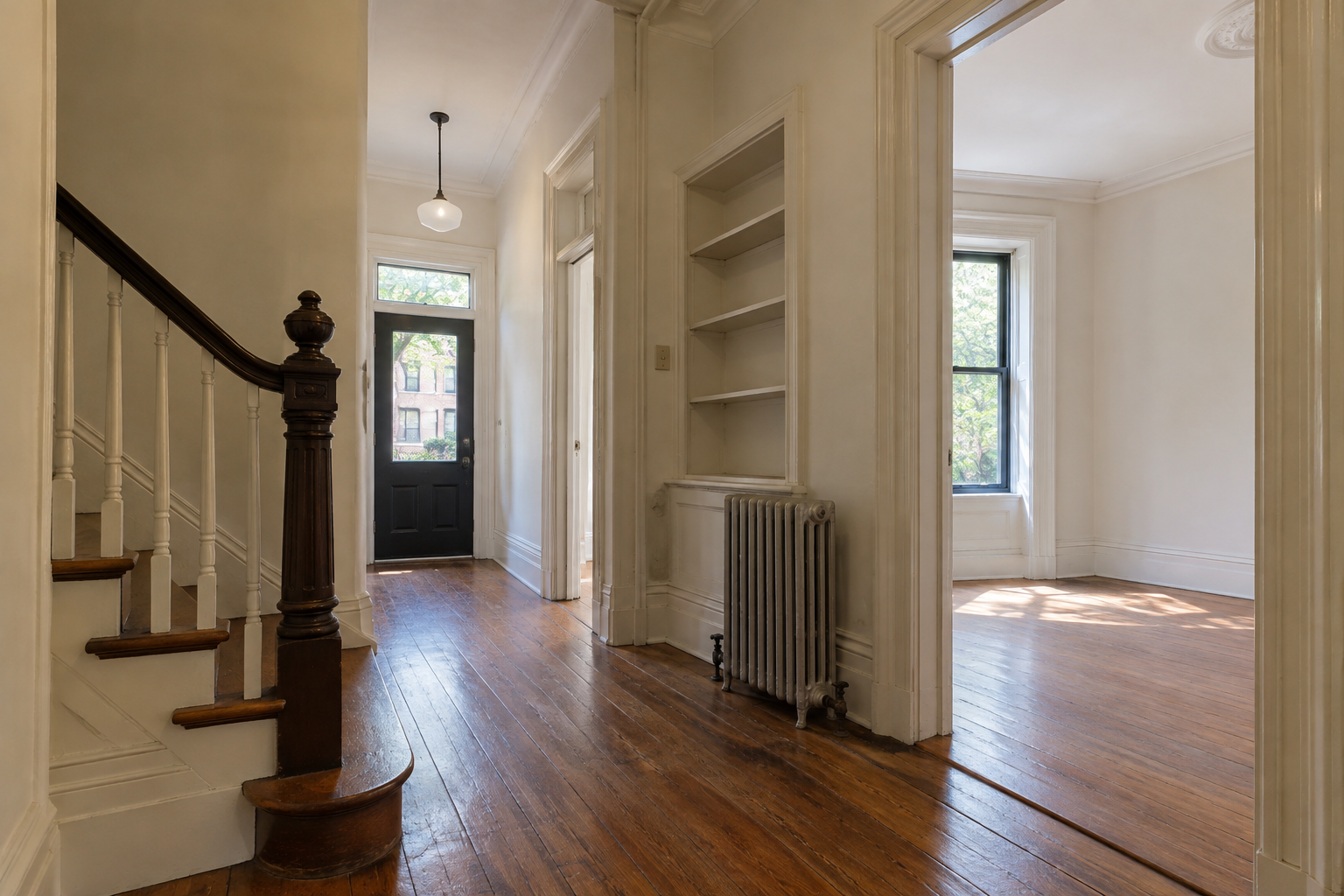Generic empty Cobble Hill brownstone apartment with wood stairs, historic trim, built-in shelves, radiator, and clear exit route