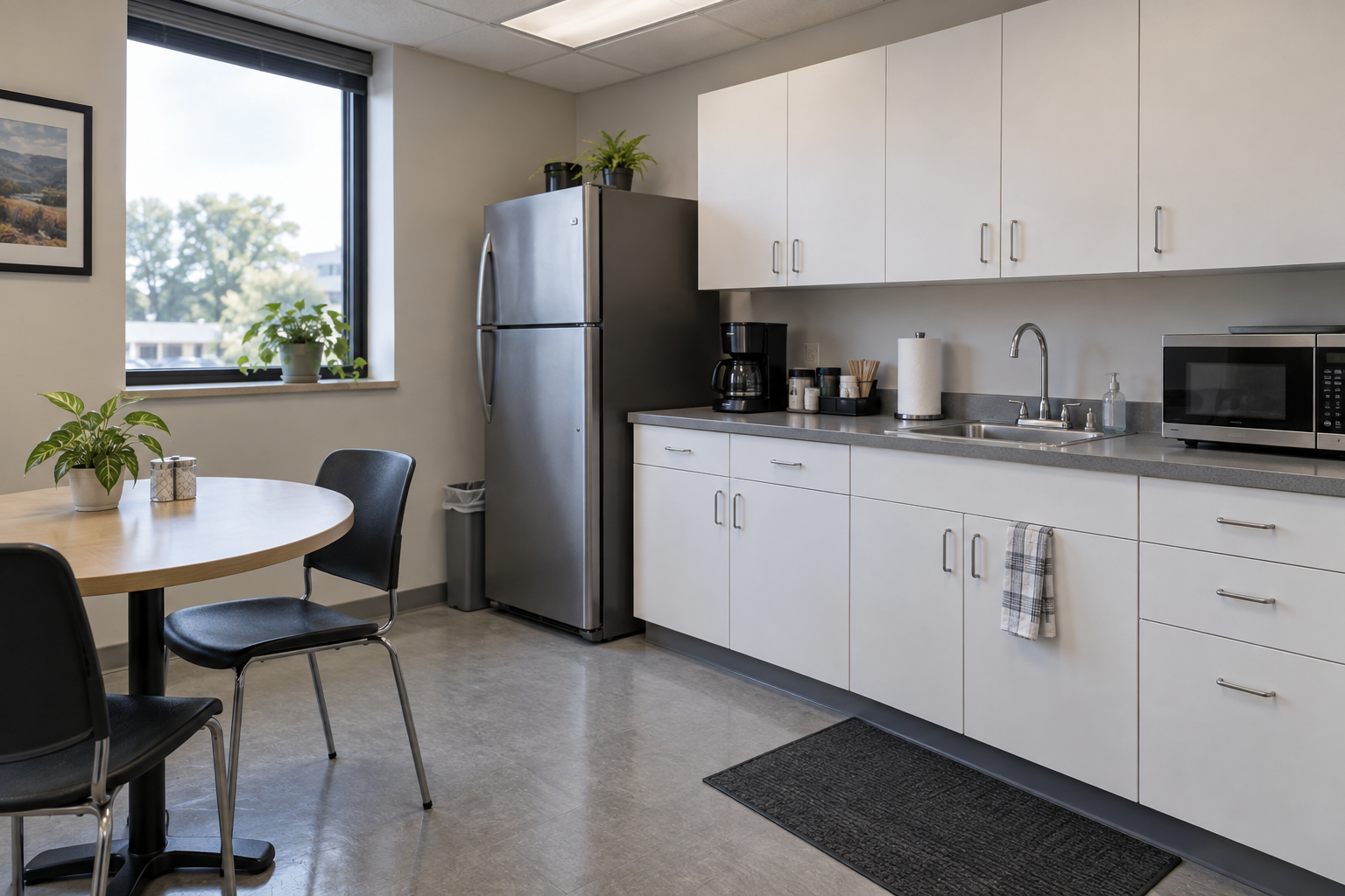 office break room with clean counters and floors