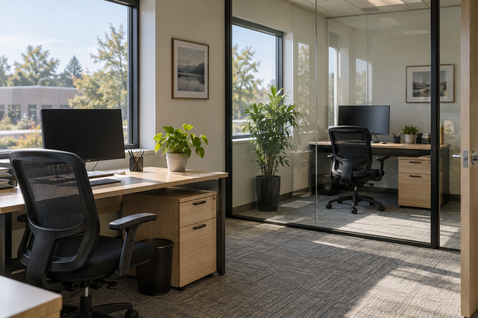 clean office with workstations and glass partitions