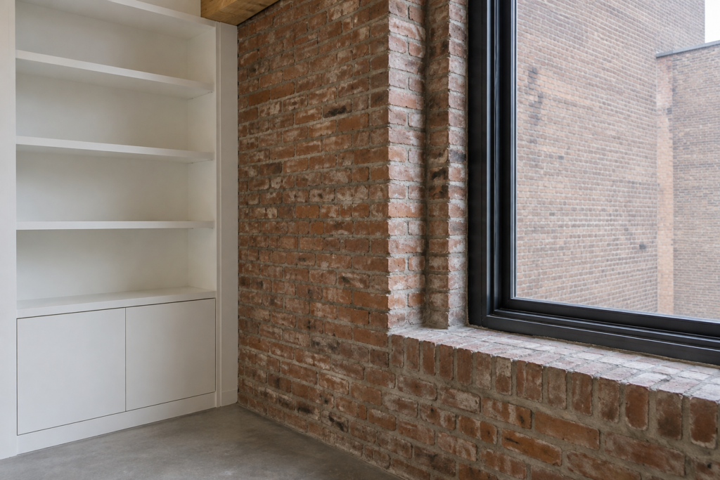 Generic renovated loft detail with exposed brick ledge, tall window track, and empty built-in cabinet