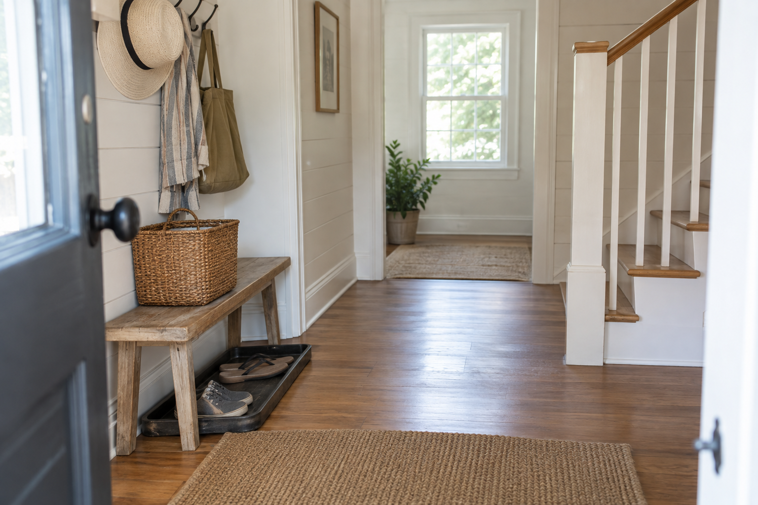 Generic East Hampton rental entryway with a bench, hooks, basket, shoe tray and clear walking path