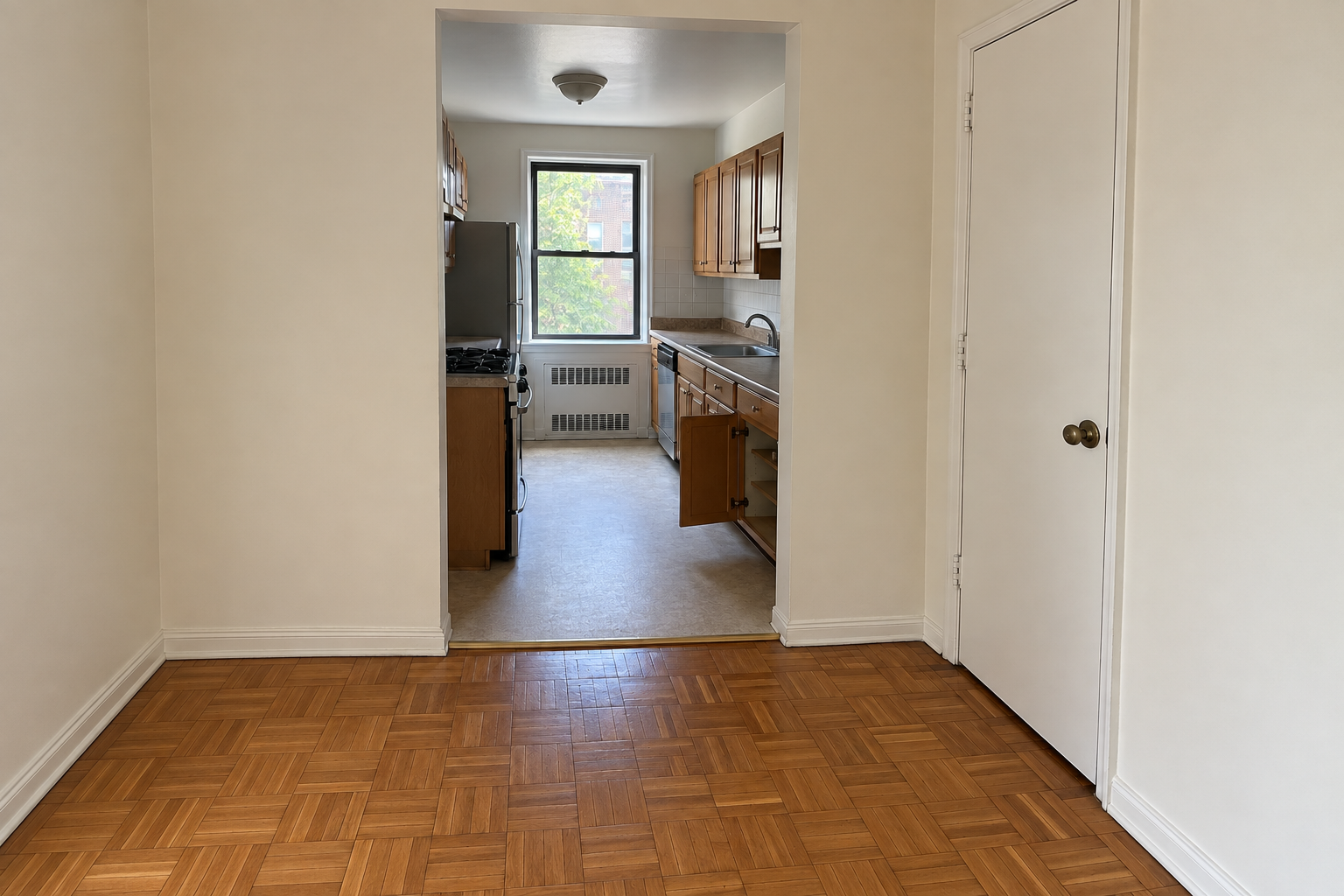 Generic unfurnished co-op apartment with parquet floor, compact kitchen, and empty cabinet before a move