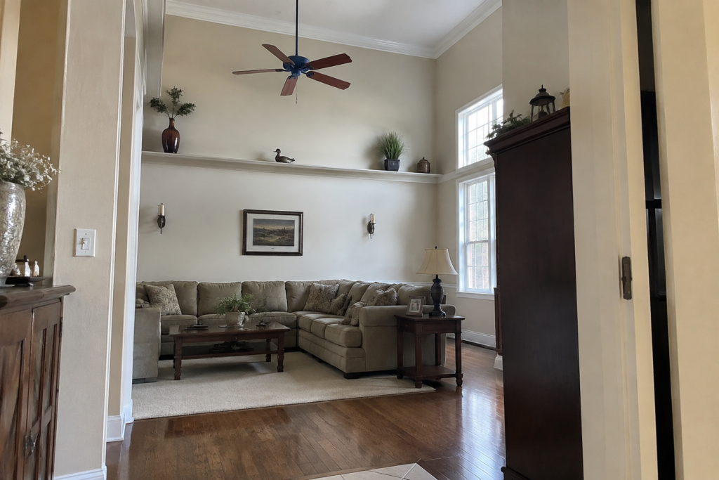 Tall living room in a Glen Cove home illustrating a high-to-low deep cleaning plan