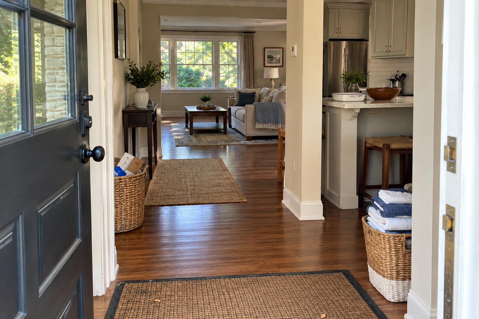 Great Neck entryway, living room, and kitchen prepared for a post–Labor Day home reset
