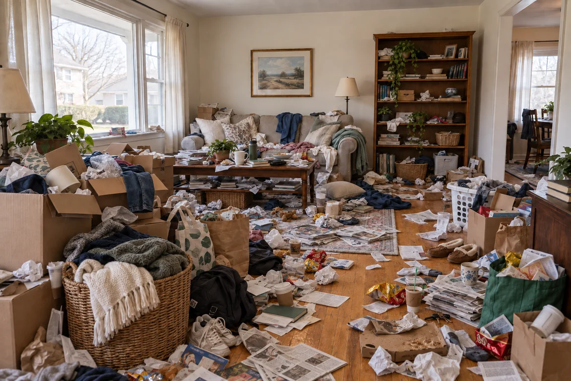 Room containing accumulated household belongings, website comparison