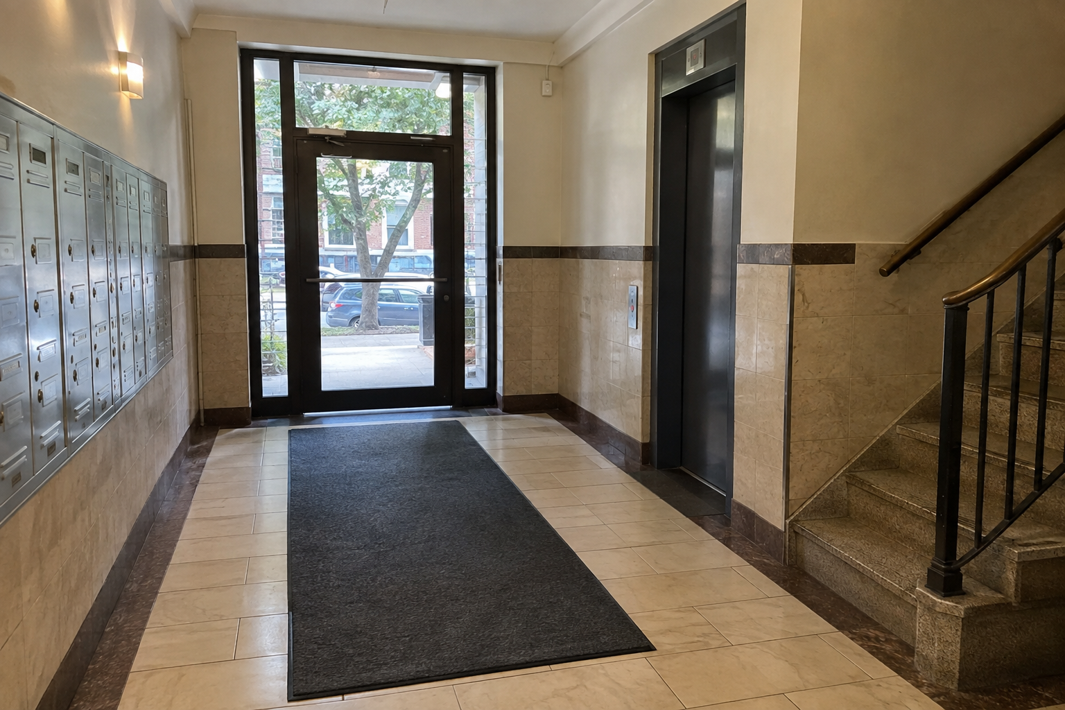 Generic apartment building lobby with entrance mat, mailboxes, elevator, and stairway illustrating shared-area cleaning priorities
