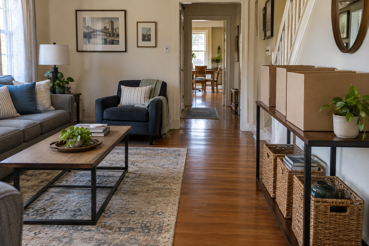 Modest family living room with an open walkway and plain sorting boxes prepared for a clutter cleanup plan