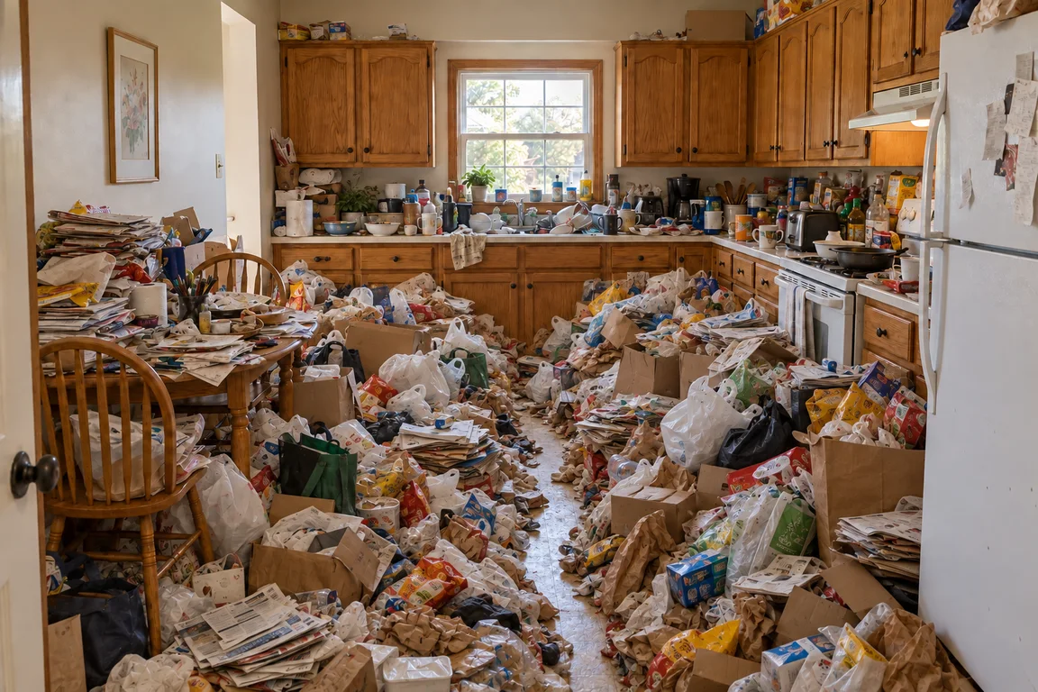 The same kitchen filled with boxes, old papers, clothes, and household clutter