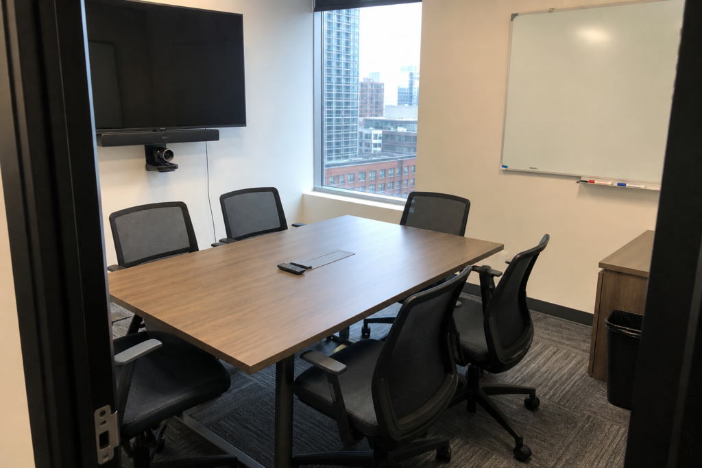 Clean conference room in a Long Island City office with organized chairs, screen, camera, whiteboard, remote, markers, and contained cables