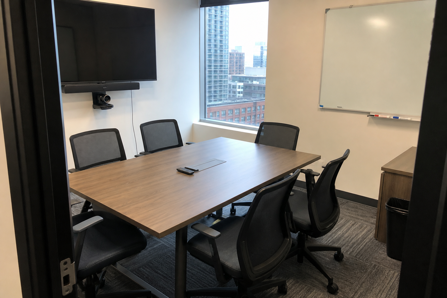 Clean conference room in a Long Island City office with organized chairs, screen, camera, whiteboard, remote, markers, and contained cables